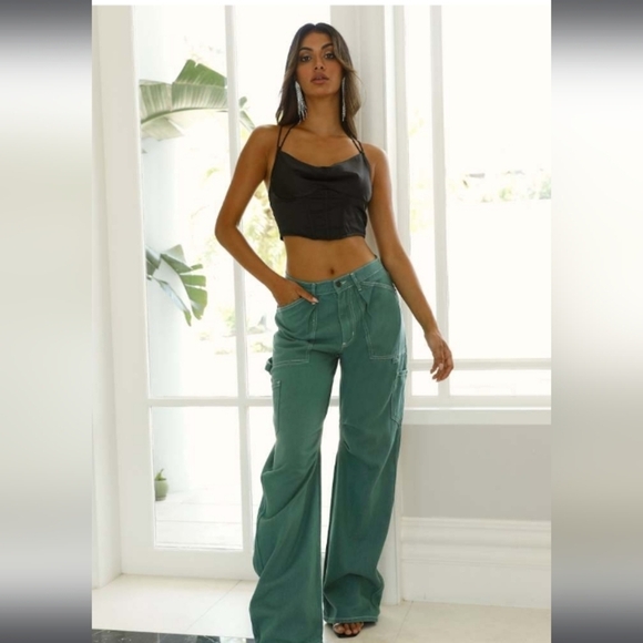 Lioness Miami Vice Oversized Loose Fit Baggy Carpenter Skater Green Cargo Jeans - Picture 1 of 6